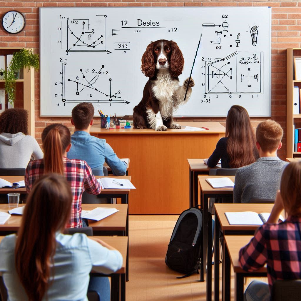 A Springer Spaniel As A Teacher At The Front Of A College Classroom Conducting A Lesson With Diagrams And Charts